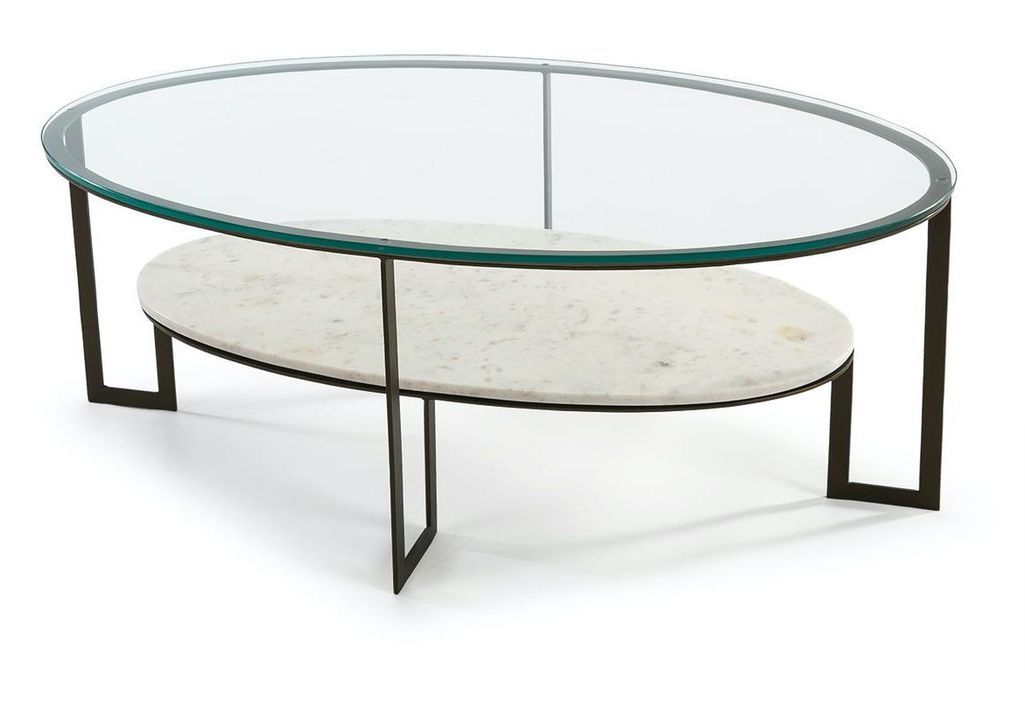Table basse ovale 2 plateaux verre transparent et marbre blanc Kenza - Photo n°1