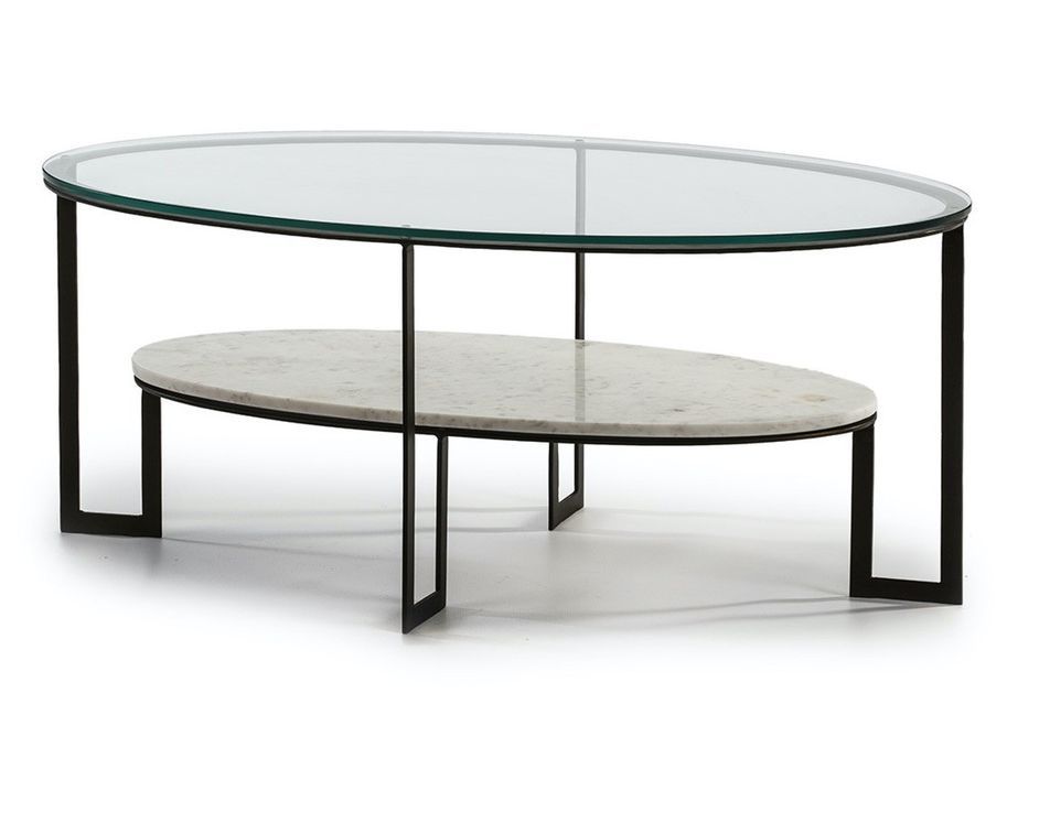 Table basse ovale 2 plateaux verre transparent et marbre blanc Kenza - Photo n°3