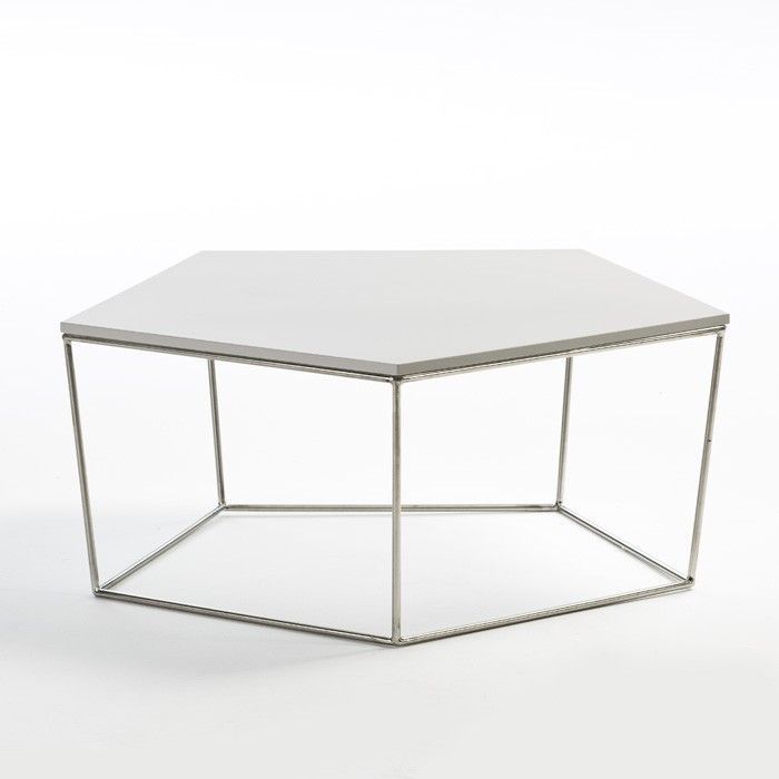 Table basse pentagonale bois et pieds métal blanc 95 cm - Photo n°1