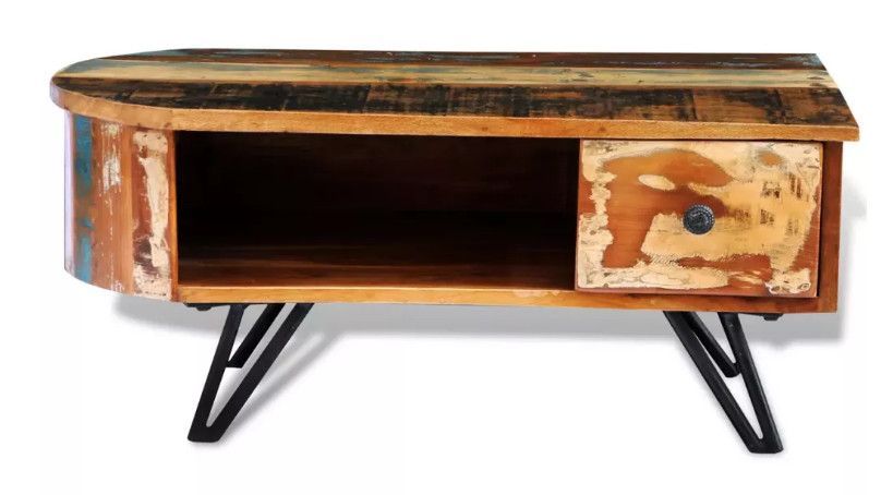 Table basse rectangulaire 1 tiroir bois massif recyclé et métal noir Boust - Photo n°2