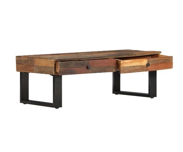 Table basse rectangulaire 2 tiroirs bois massif recyclé foncé et métal noir Souly - Photo n°2