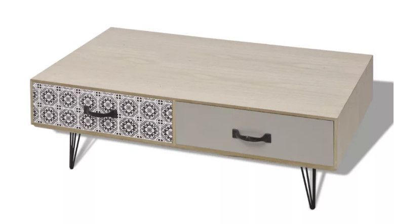 Table basse rectangulaire 4 tiroirs bois gris et pieds métal noir Chicca - Photo n°1