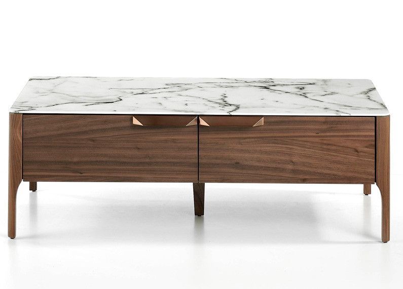 Table basse rectangulaire bois noyer et plateau en marbre céramique blanc Mykal - Photo n°2
