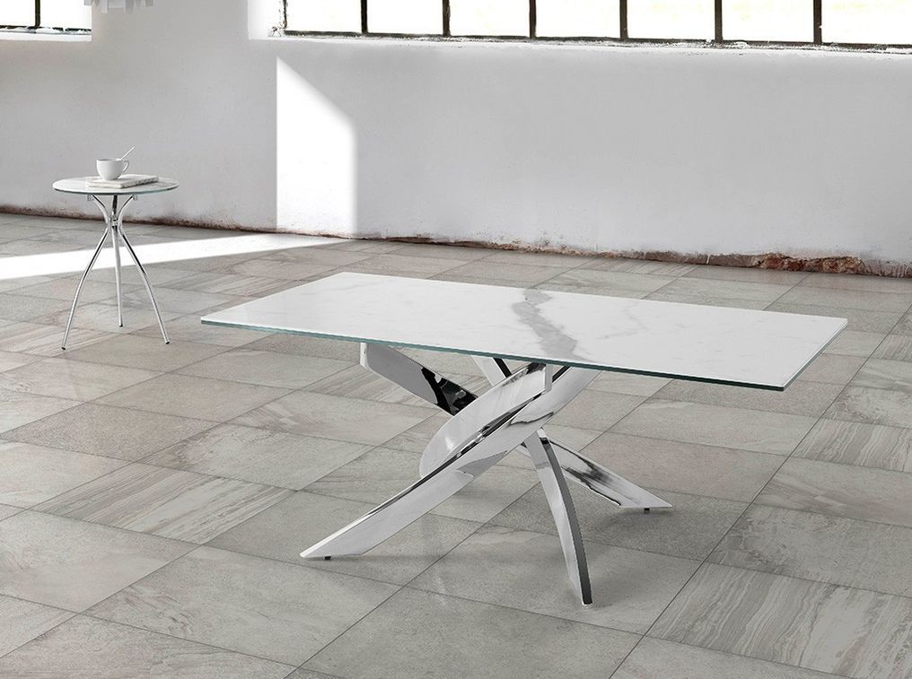 Table basse rectangulaire plateau marbre de porcelaine et acier chromé Majestua - Photo n°2