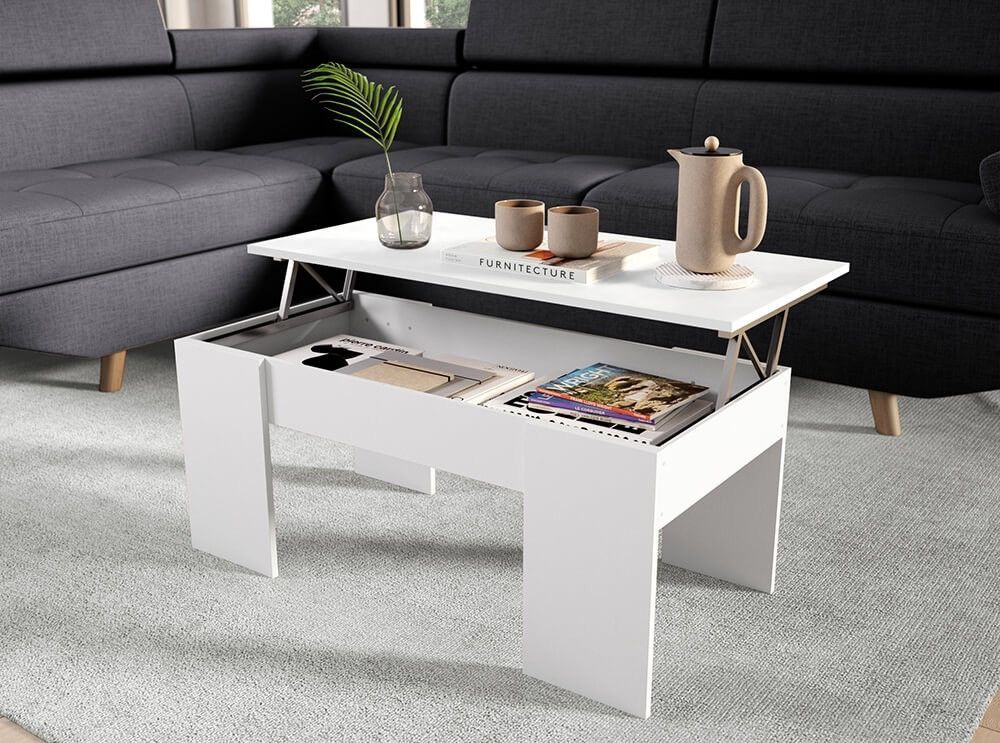 Table basse relevable avec rangement bois mélaminé blanc Doppy 100 cm - Photo n°2