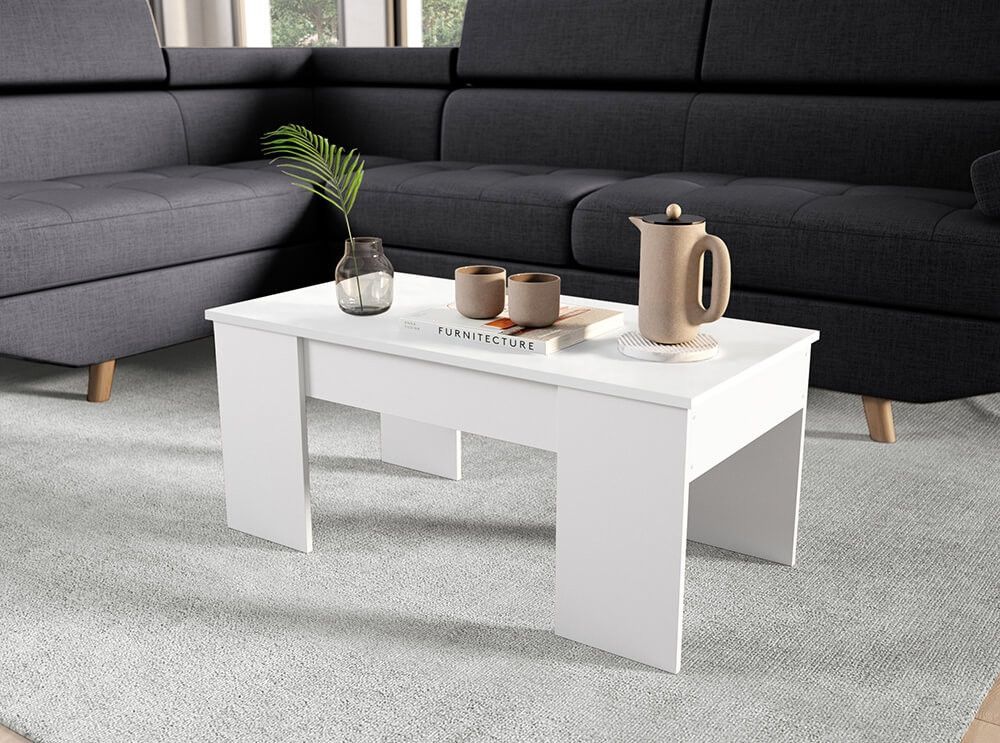 Table basse relevable avec rangement bois mélaminé blanc Doppy 100 cm - Photo n°3