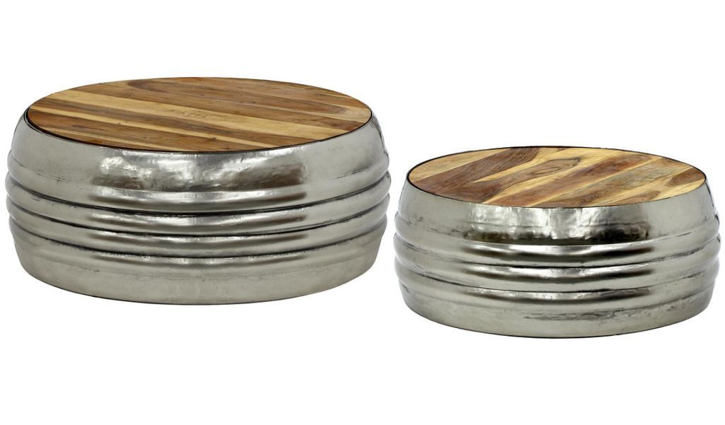 Table basse ronde bois clair et métal argenté Unio - Lot de 2 - Photo n°1
