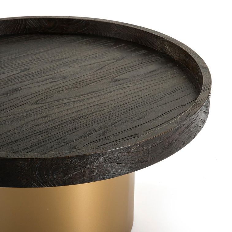 Table basse ronde bois foncé et métal doré D 80 cm - Photo n°2