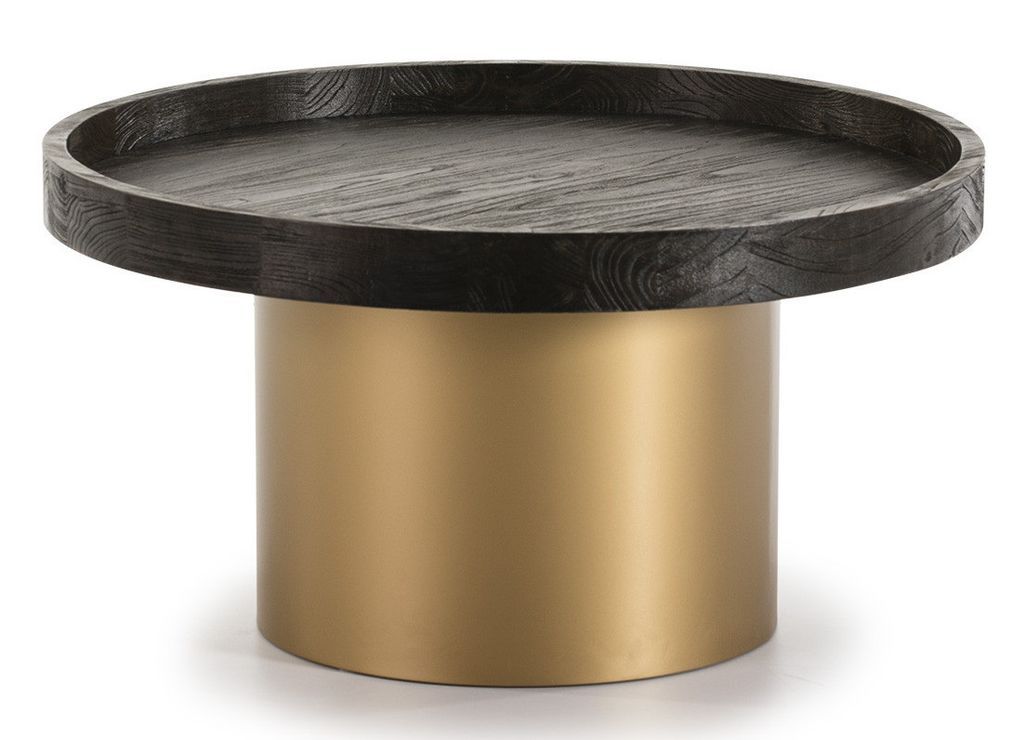 Table basse ronde bois foncé et métal doré D 80 cm - Photo n°1