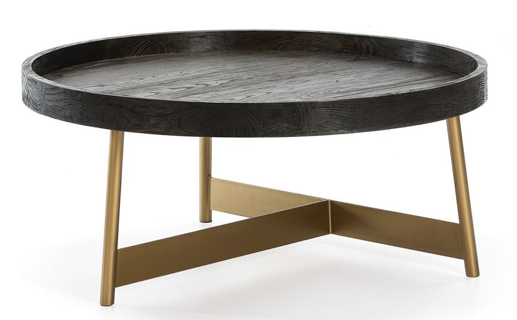 Table basse ronde bois foncé et pieds métal doré D 100 cm - Photo n°1
