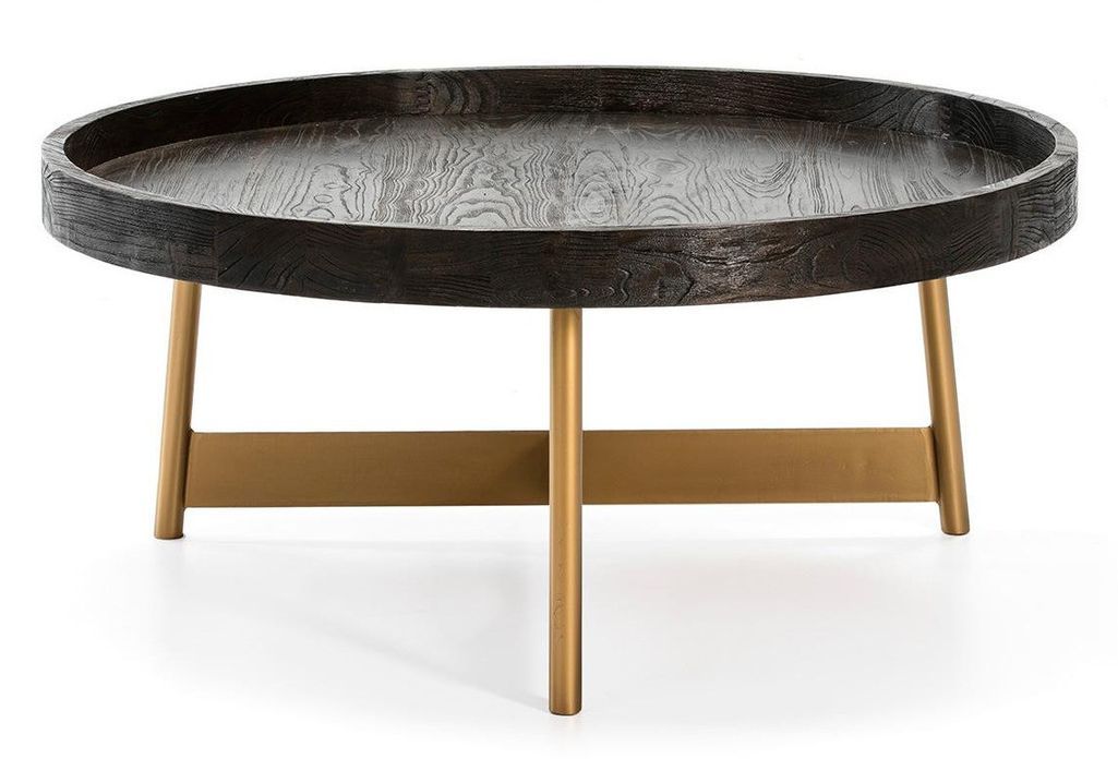 Table basse ronde bois foncé et pieds métal doré D 100 cm - Photo n°2