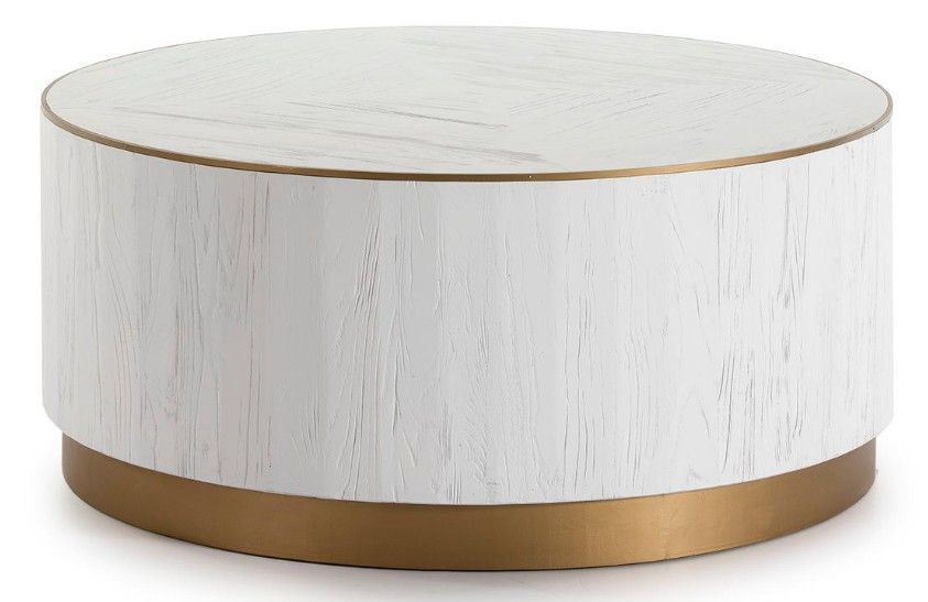 Table basse ronde bois massif blanc et métal doré D 104 cm - Photo n°1