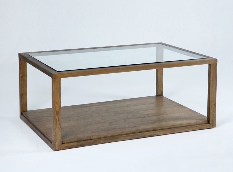 Table basse verre et bois massif foncé 110 cm - Photo n°1