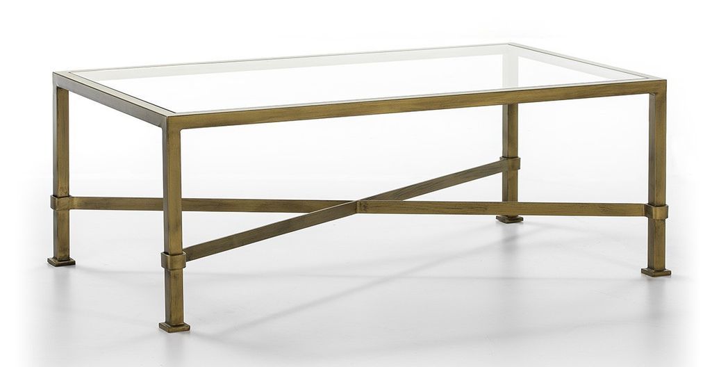 Table basse verre trempé et pieds métal doré vieilli 120 cm - Photo n°1