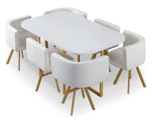 Table bois blanc et 6 chaises similicuir blanc Manda - Photo n°1