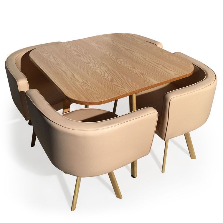 Table bois chêne clair et 4 chaises similicuir beige Paolo - Photo n°1