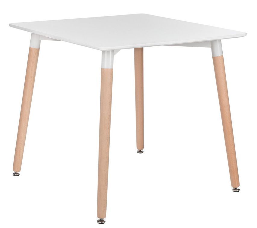 Table carrée 80cm blanc brillant et pieds bois naturel Welly - Photo n°1