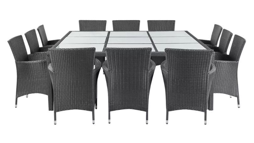 Table carrée et 12 chaises de jardin résine tressée noir coussins blanc Mik - Photo n°1