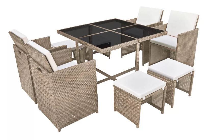 Table carrée et 4 chaises de jardin résine tressée beige Iris - Photo n°1
