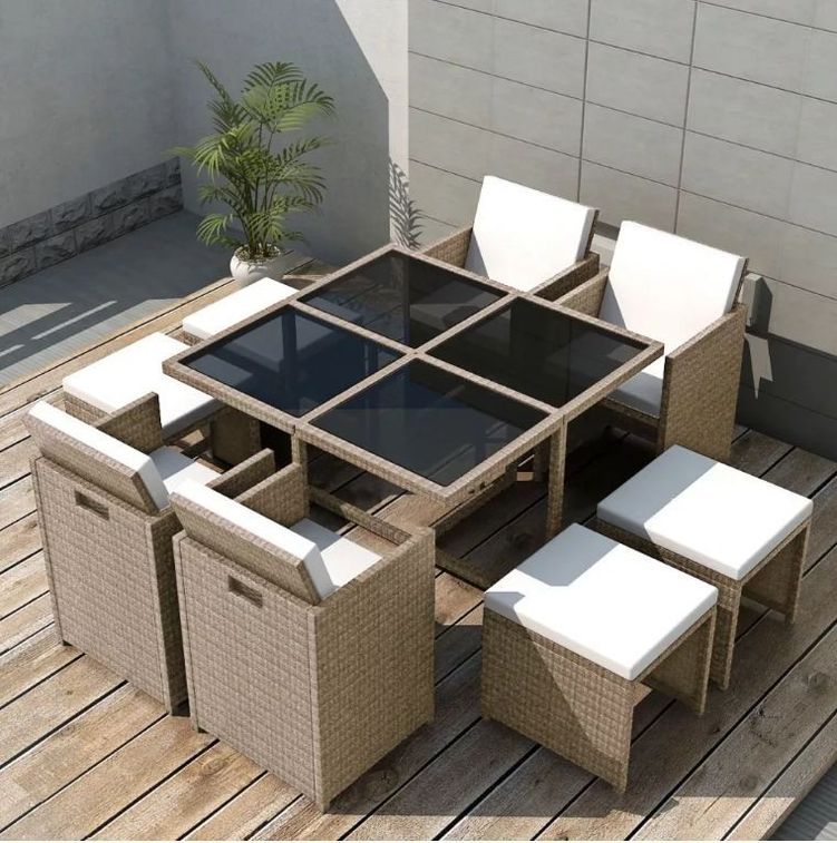 Table carrée et 4 chaises de jardin résine tressée beige Iris - Photo n°2