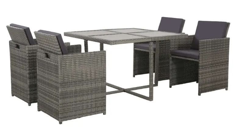 Table carrée et 4 chaises de jardin résine tressée gris Iris - Photo n°1