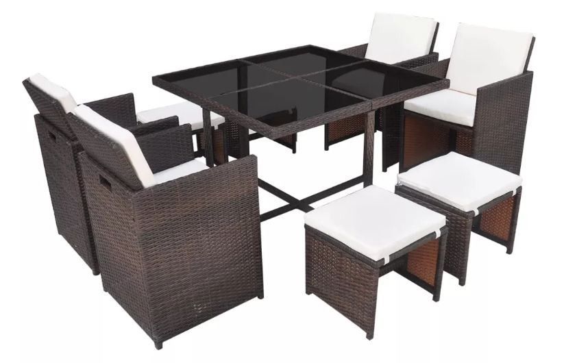 Table carrée et 4 chaises de jardin résine tressée marron Iris - Photo n°1