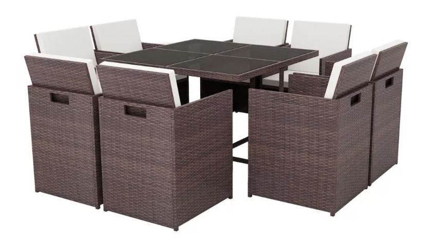 Table carrée et 8 chaises de jardin résine tressée marron Iris - Photo n°1