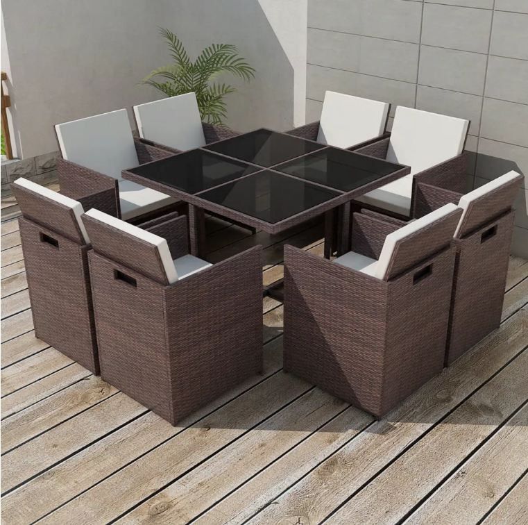 Table carrée et 8 chaises de jardin résine tressée marron Iris - Photo n°2