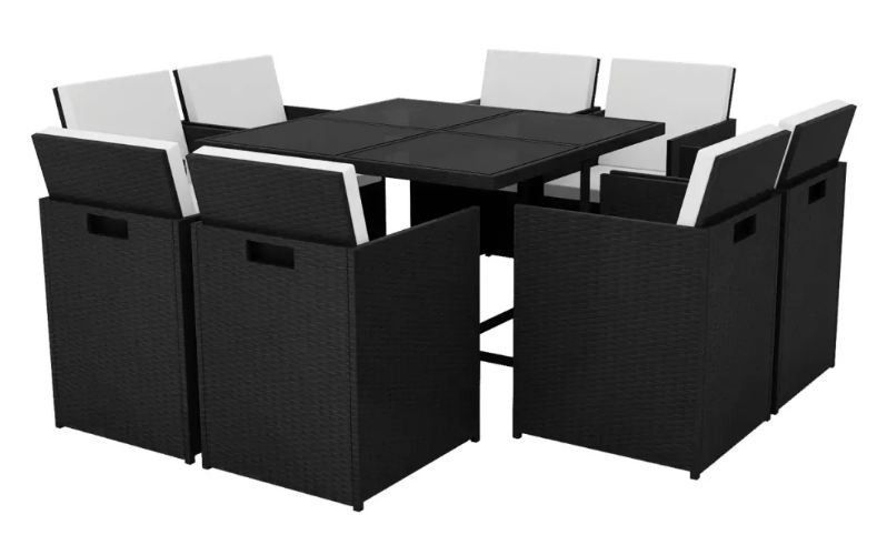 Table carrée et 8 chaises de jardin résine tressée noir plateau en verre Iris - Photo n°1