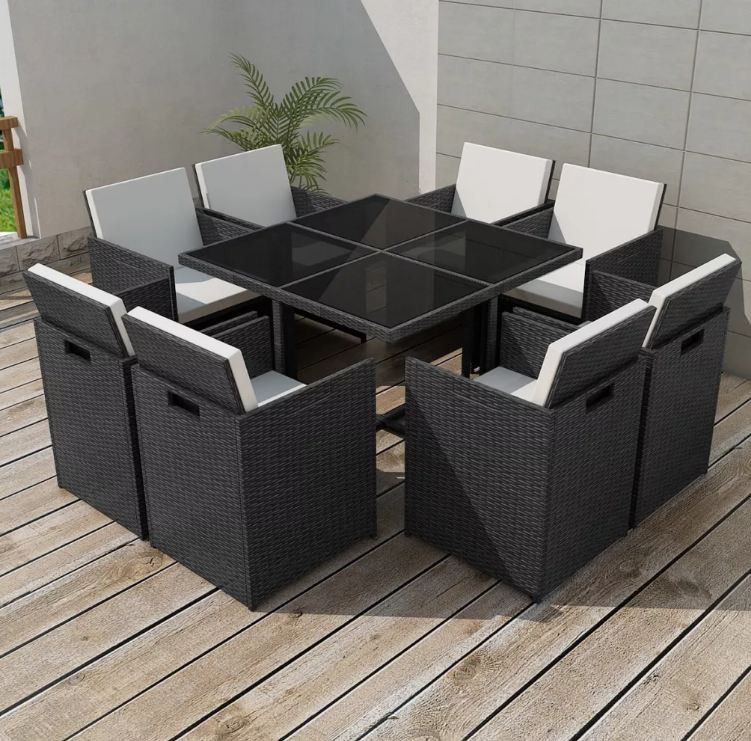 Table carrée et 8 chaises de jardin résine tressée noir plateau en verre Iris - Photo n°2