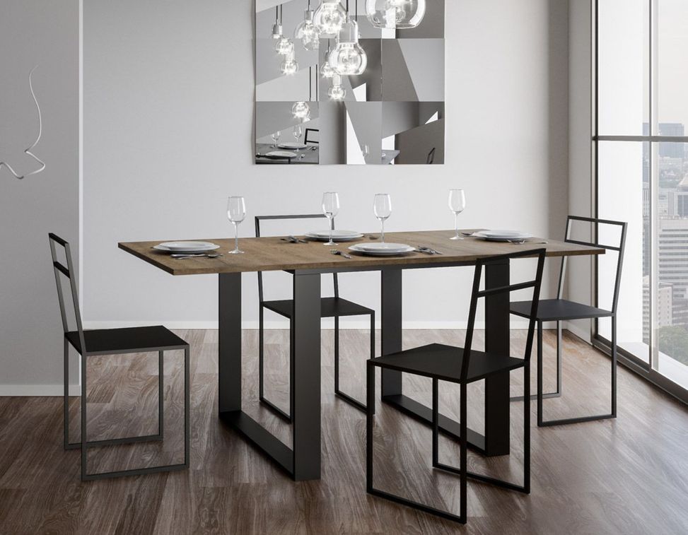 Table carrée extensible 4 à 6 places L 90 à 180 cm bois clair avec cadre et pieds métal anthracite Likro - Photo n°3