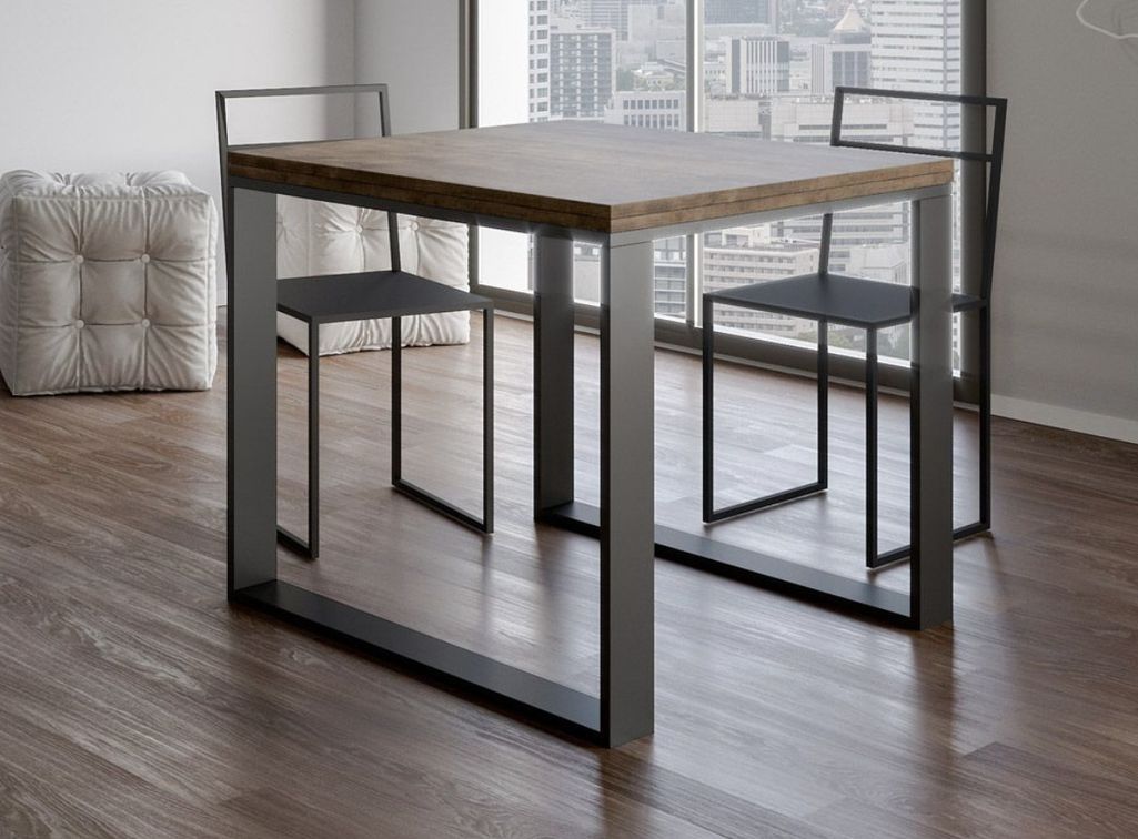 Table carrée extensible 4 à 6 places L 90 à 180 cm bois clair avec cadre et pieds métal anthracite Likro - Photo n°2