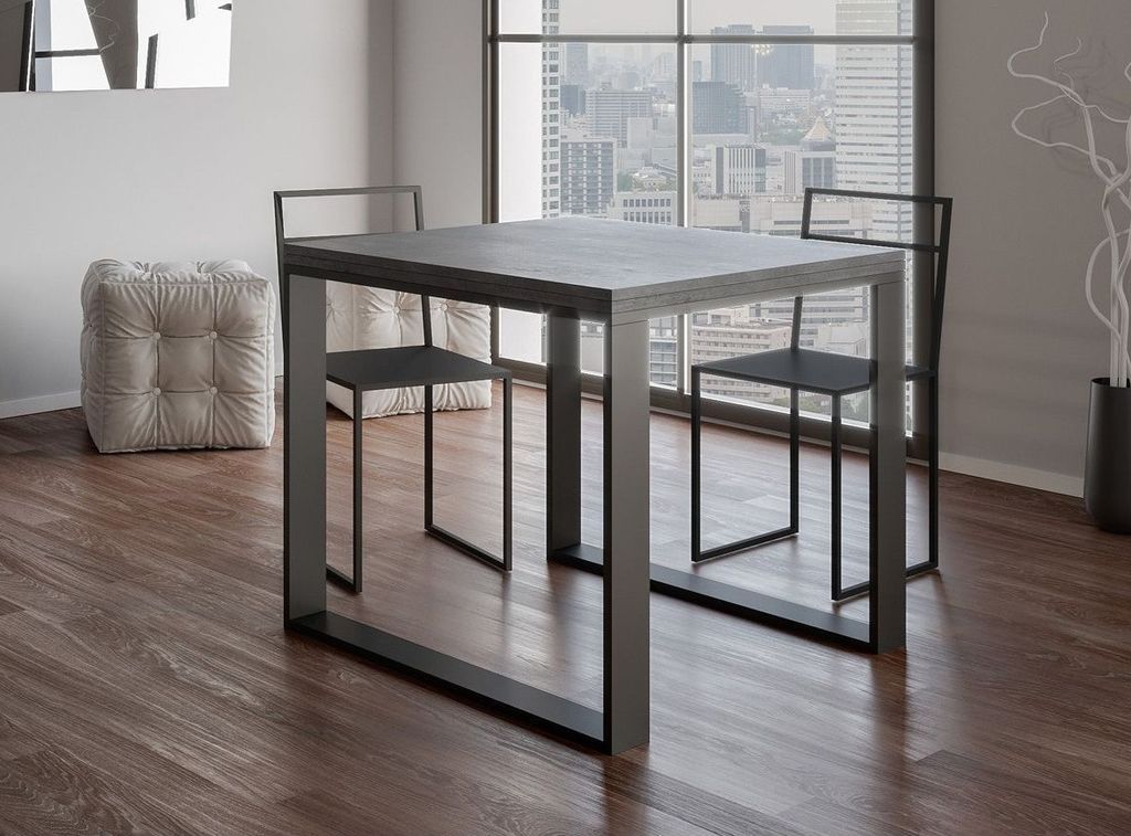 Table carrée extensible 4 à 6 places L 90 à 180 cm gris béton avec cadre et pieds métal anthracite Likro - Photo n°2