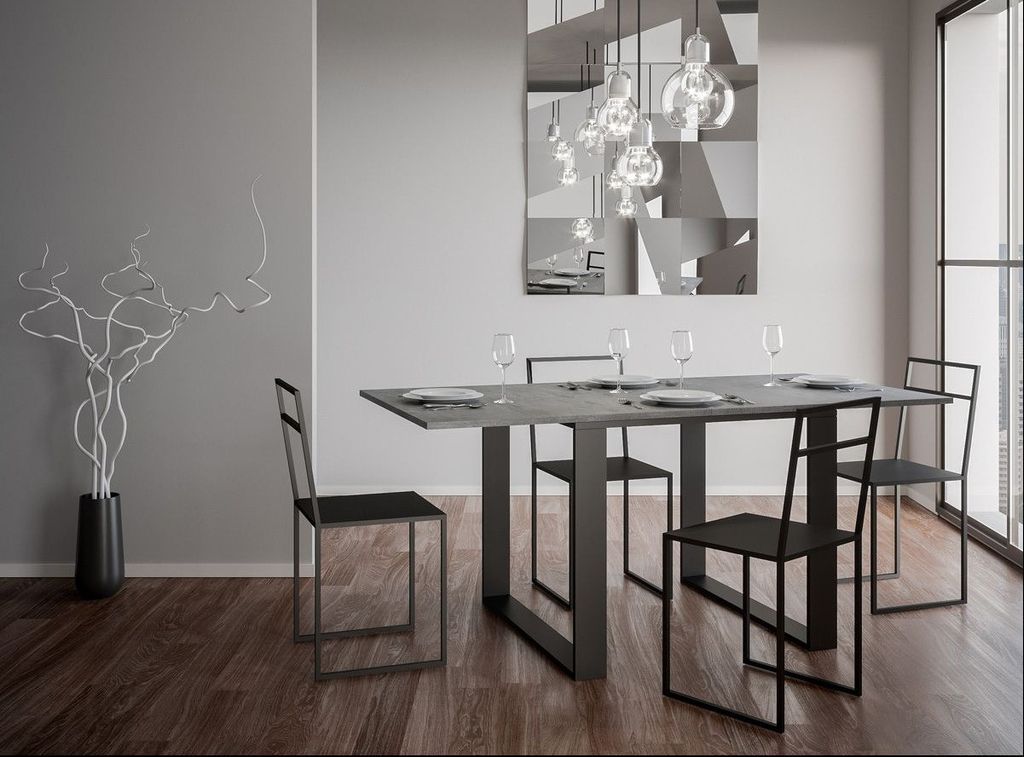 Table carrée extensible 4 à 6 places L 90 à 180 cm gris béton avec cadre et pieds métal anthracite Likro - Photo n°4