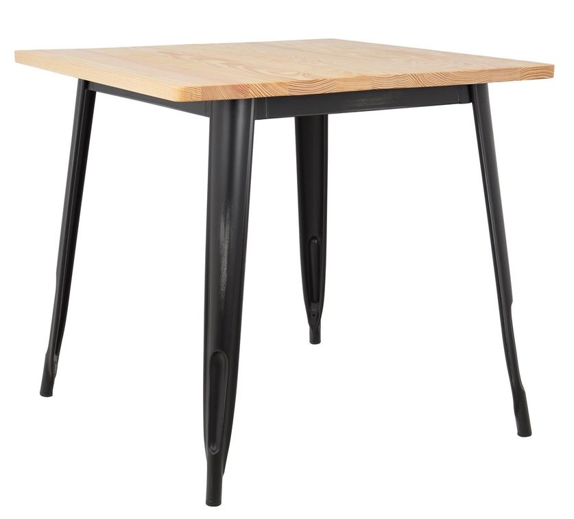 Table carrée industrielle acier brillant noir et plateau pin massif clair Kontoir 80 cm - Photo n°1