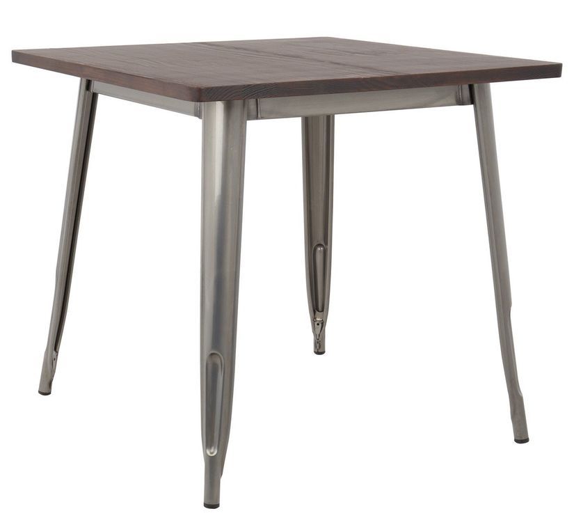 Table carrée industrielle acier brossée et plateau pin massif foncé Kontoir 80 cm - Photo n°1
