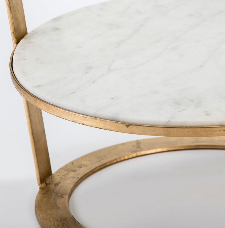 Table d'appoint 2 plateaux verre et marbre pied métal doré Hugos - Photo n°2