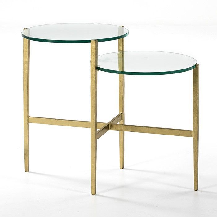 Table d'appoint 2 plateaux verre trempé et métal doré Hugos - Photo n°1