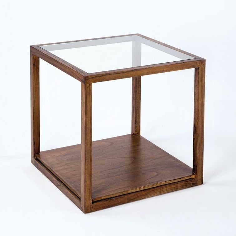 Table d'appoint carrée verre et bois massif foncé Orina H 60 cm - Photo n°1