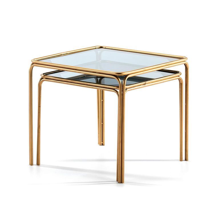 Table d'appoint carrée verre fumé et métal doré Diras - Lot de 2 - Photo n°3