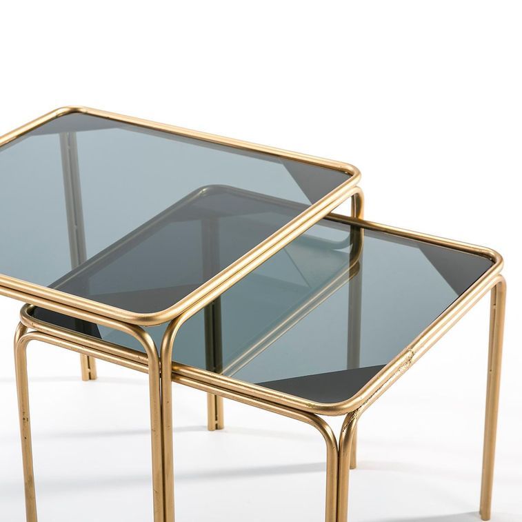 Table d'appoint carrée verre fumé et métal doré Diras - Lot de 2 - Photo n°4