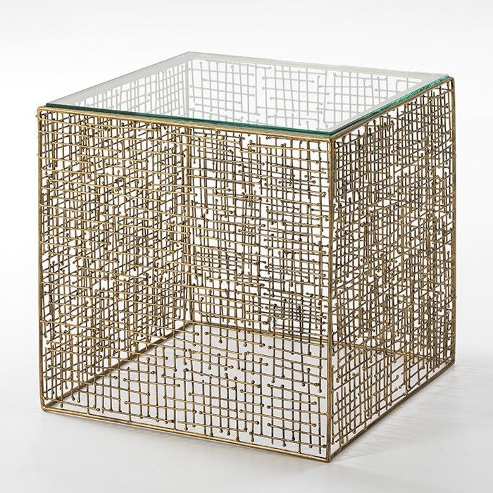 Table d'appoint carrée verre trempé et métal doré Hugos H 46 cm - Photo n°1