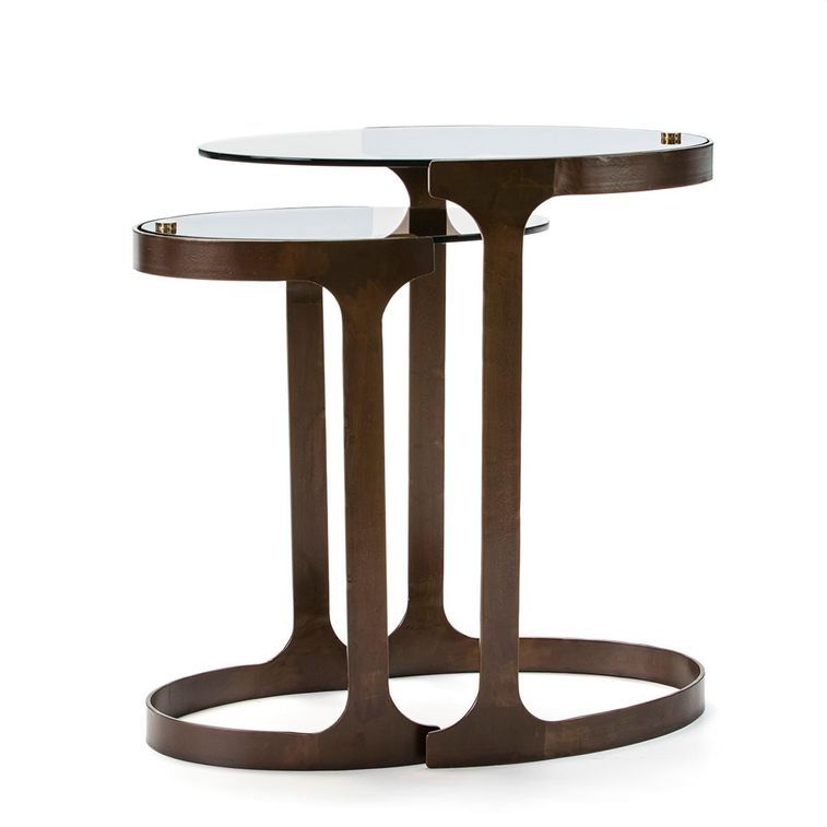 Table d'appoint ovale verre fumé et métal bronze Tjey - Lot de 2 - Photo n°2