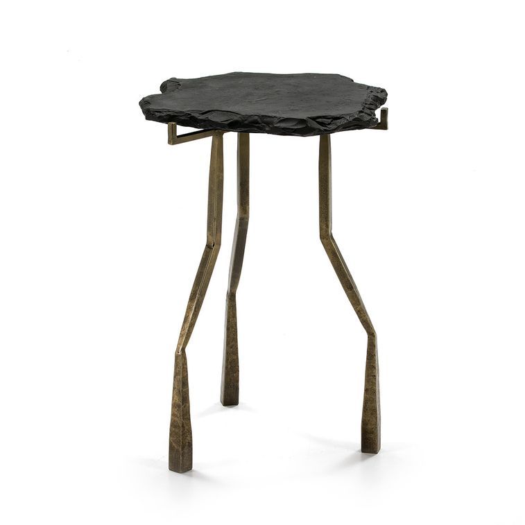 Table d'appoint pierre noir et métal doré Gina H 65 cm - Photo n°1