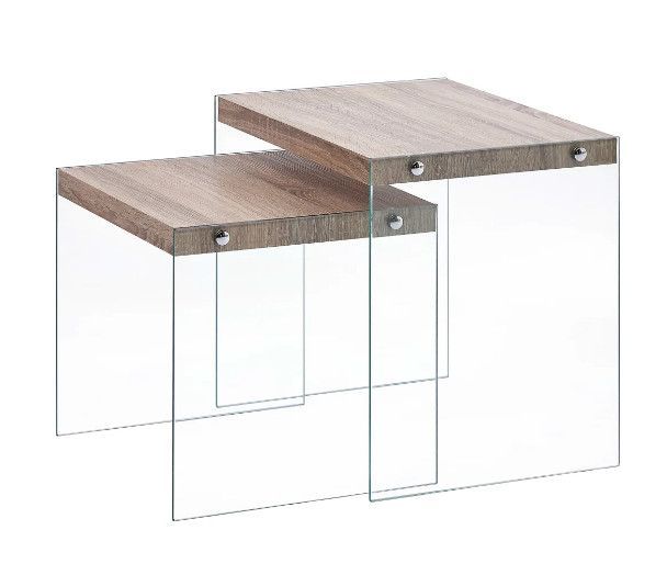 Table d'appoint rectangulaire chêne clair et verre trempé Chikie - Lot de 2 - Photo n°1