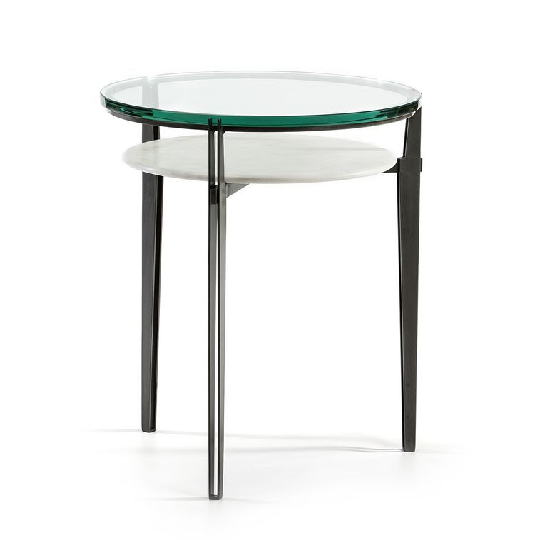 Table d'appoint ronde 2 plateaux verre transparent et marbre blanc Kenza - Photo n°1