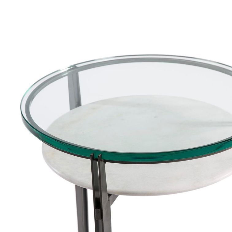 Table d'appoint ronde 2 plateaux verre transparent et marbre blanc Kenza - Photo n°3