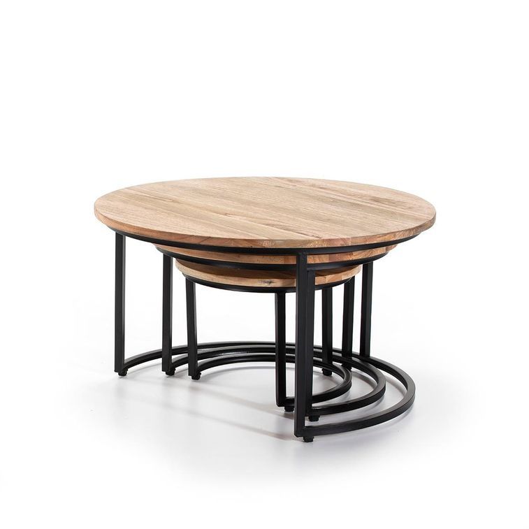 Table d'appoint ronde bois clair et métal noir Loft - Lot de 3 - Photo n°4
