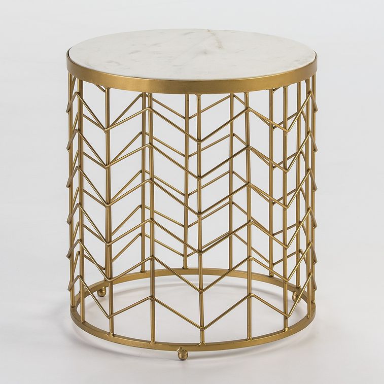 Table d'appoint ronde marbre blanc et métal doré Hugos H 46 cm - Photo n°1