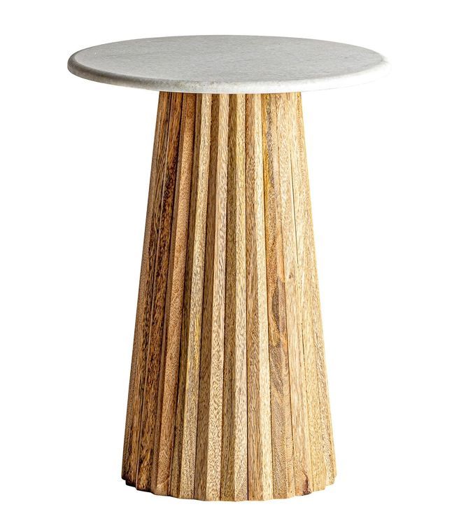Table d'appoint ronde marbre blanc et pied manguier massif Lial D 45 cm - Photo n°1